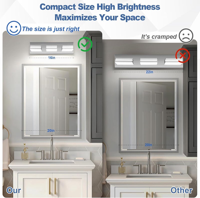 JZEKVN Modern LED Small Bathroom Lights Fixtures(3-Light),Stainless Steel Chrome Acrylic Wall Lighting,Vanity Lights for Bathroom Over Mirror(6000K 16in) - Image 3